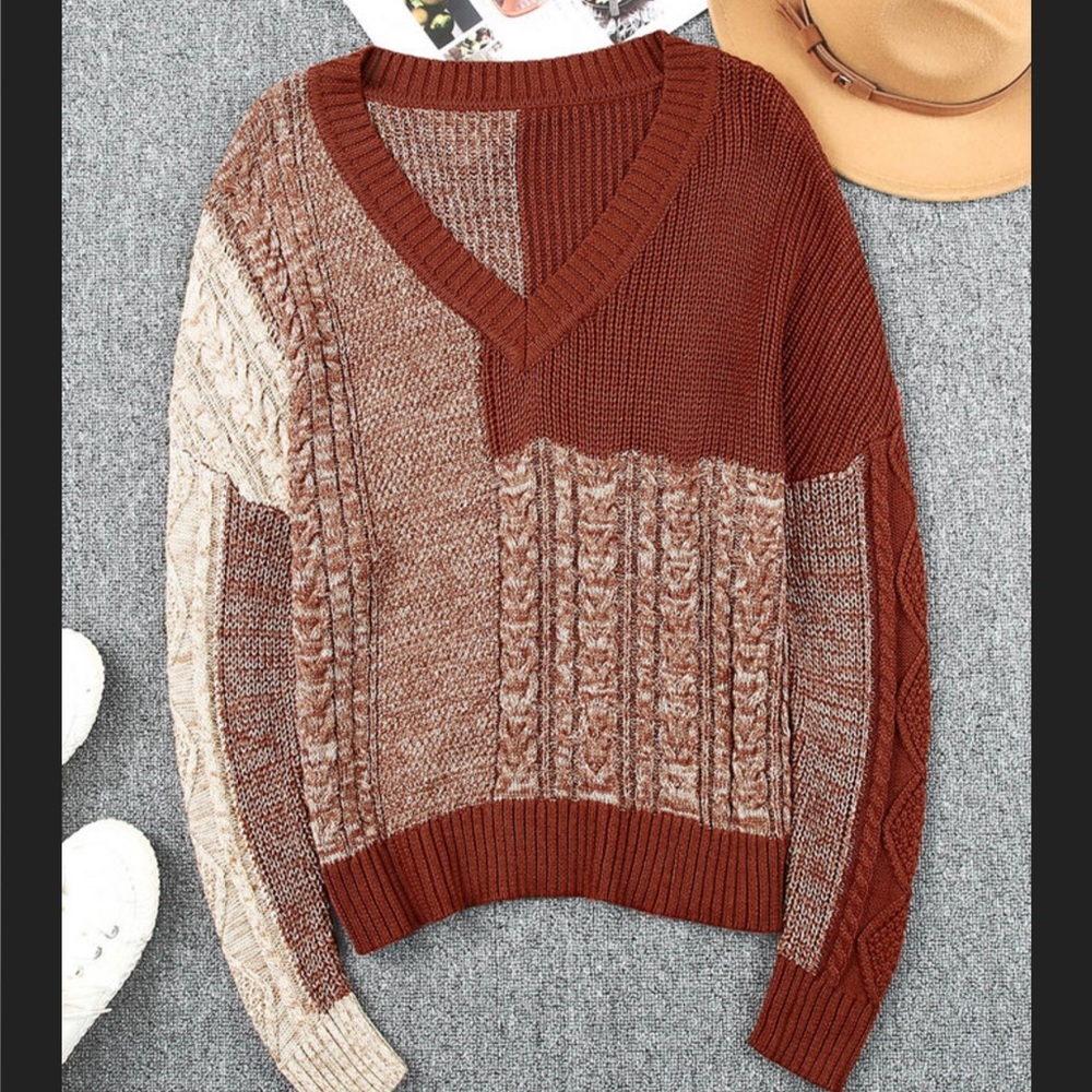 #52 1 Left! Rust Brown Drop Shoulder V Neck Sweater - Picture 4 of 10